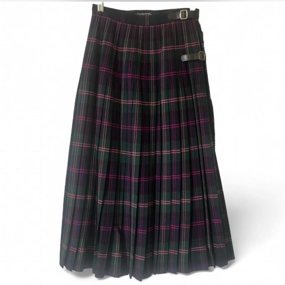 Vintage 1980 Burberry Women’s Wool Kilt Pink Green Blue Tartan size 8